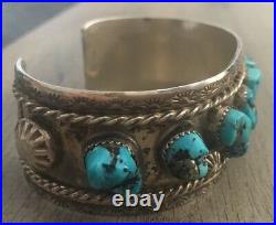 Signed/stamped Vintage Navajo Kingman Turquoise & Sterling Silver Row Bracelet