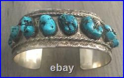 Signed/stamped Vintage Navajo Kingman Turquoise & Sterling Silver Row Bracelet