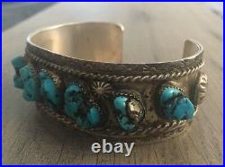 Signed/stamped Vintage Navajo Kingman Turquoise & Sterling Silver Row Bracelet