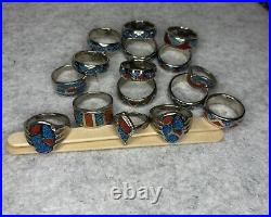Silver, Turquoise, And Coral Toned Band Ring Lot Native American