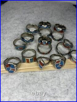 Silver, Turquoise, And Coral Toned Band Ring Lot Native American