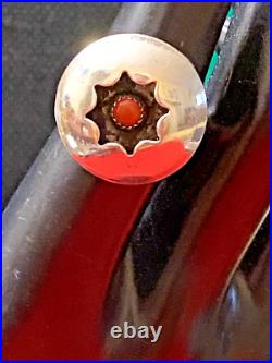 Size 6.5 Vintage Native American Coral & Sterling Silver Shadowbox Ring. Navajo