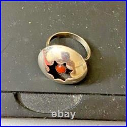 Size 6.5 Vintage Native American Coral & Sterling Silver Shadowbox Ring. Navajo