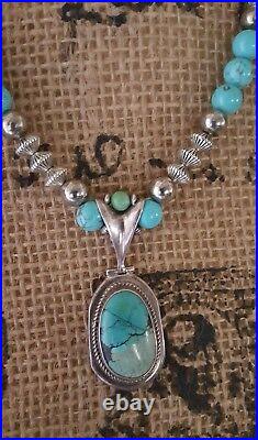 Sky Blue Turquoise Bead, Navajo Pearls & Silver Vintage Pendant & Certificate