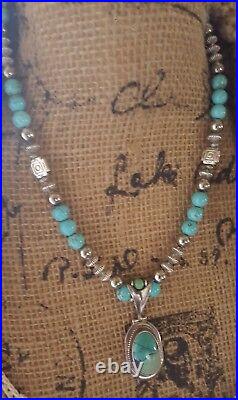 Sky Blue Turquoise Bead, Navajo Pearls & Silver Vintage Pendant & Certificate