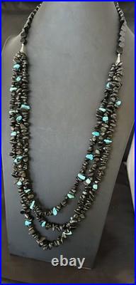 Sterling NAVAJO Black Onyx Blue Turquoise 3S Silver Necklace 30 19577