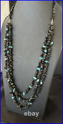 Sterling NAVAJO Black Onyx Blue Turquoise 3S Silver Necklace 30 19577