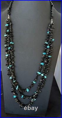 Sterling NAVAJO Black Onyx Blue Turquoise 3S Silver Necklace 30 19577