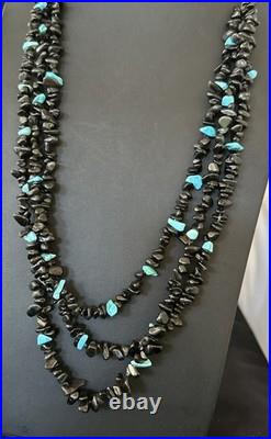 Sterling NAVAJO Black Onyx Blue Turquoise 3S Silver Necklace 30 19577