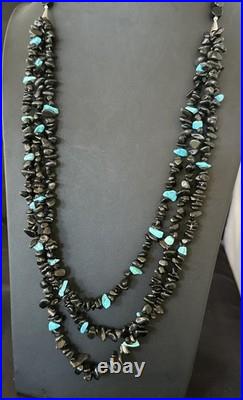 Sterling NAVAJO Black Onyx Blue Turquoise 3S Silver Necklace 30 19577