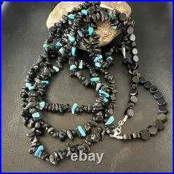 Sterling NAVAJO Black Onyx Blue Turquoise 3S Silver Necklace 30 19577