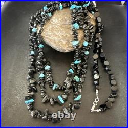 Sterling NAVAJO Black Onyx Blue Turquoise 3S Silver Necklace 30 19577