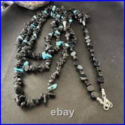 Sterling NAVAJO Black Onyx Blue Turquoise 3S Silver Necklace 30 19577