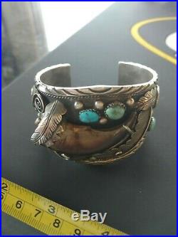 Sterling Silver Turquoise Bear Claw Cuff Bracelet 113gr native American vintage