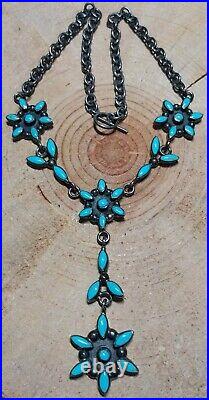 Sterling Silver Turquoise NeedlePoint Cluster Native Lariat Necklace 60.1 Grams