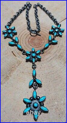 Sterling Silver Turquoise NeedlePoint Cluster Native Lariat Necklace 60.1 Grams