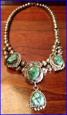 Sterling Silver Turquoise Squash Blossom Necklace Vtg NAVAJO Feathers Raindrops
