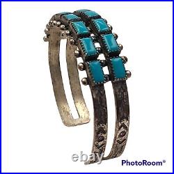 Sterling Silver vintage Needle Point Row Turquoise Cuff Bracelet Navajo Zuni