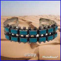 Sterling Silver vintage Needle Point Row Turquoise Cuff Bracelet Navajo Zuni