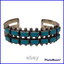 Sterling Silver vintage Needle Point Row Turquoise Cuff Bracelet Navajo Zuni