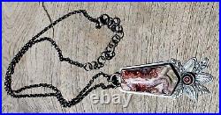 Stunning Large Vintage Sterling Silver Agate Stone & Faceted Ruby Link Necklace