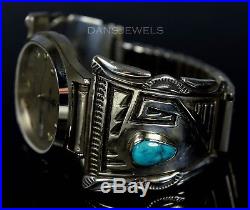 Stunning Old PAWN Navajo or HOPI Vintage Sterling Mens Turquoise Watch Bracelet