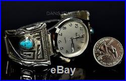 Stunning Old PAWN Navajo or HOPI Vintage Sterling Mens Turquoise Watch Bracelet