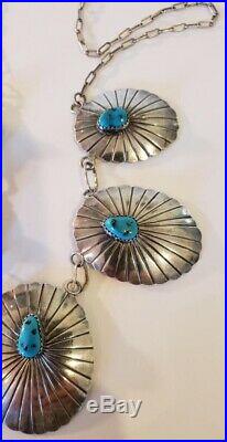 Stunning Vintage Native American Sterling Silver Turquoise Concho Necklace