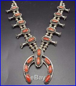 Superb Vintage NAVAJO Sterling Silver & Old Red Coral SQUASH BLOSSOM Necklace
