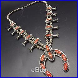 Superb Vintage NAVAJO Sterling Silver & Old Red Coral SQUASH BLOSSOM Necklace