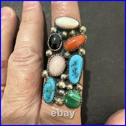 T. Benally, Navajo, VTG, Sterling Silver Ring with Multicolor Stones. Size 8.25