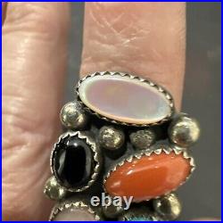 T. Benally, Navajo, VTG, Sterling Silver Ring with Multicolor Stones. Size 8.25