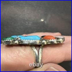 T. Benally, Navajo, VTG, Sterling Silver Ring with Multicolor Stones. Size 8.25