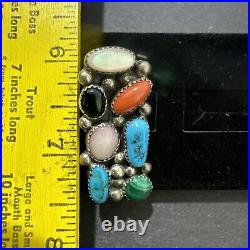 T. Benally, Navajo, VTG, Sterling Silver Ring with Multicolor Stones. Size 8.25