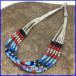 Turquoise & Coral Navajo Liquid Sterling Silver 5 Strands Bracelet 7 13608
