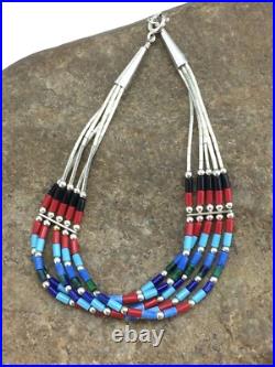 Turquoise & Coral Navajo Liquid Sterling Silver 5 Strands Bracelet 7 13608