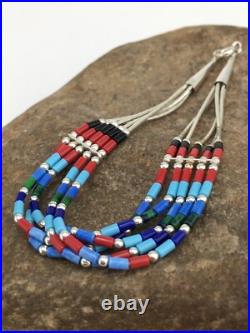 Turquoise & Coral Navajo Liquid Sterling Silver 5 Strands Bracelet 7 13608