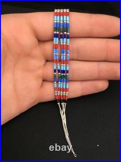 Turquoise & Coral Navajo Liquid Sterling Silver 5 Strands Bracelet 7 13608