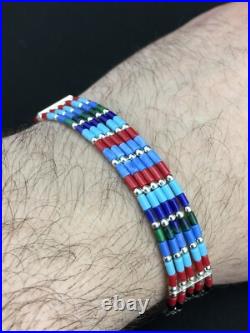 Turquoise & Coral Navajo Liquid Sterling Silver 5 Strands Bracelet 7 13608