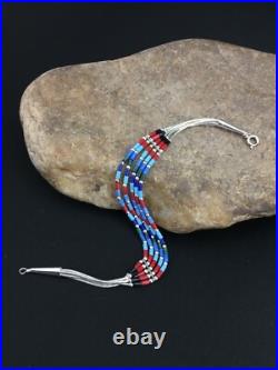 Turquoise & Coral Navajo Liquid Sterling Silver 5 Strands Bracelet 7 13608