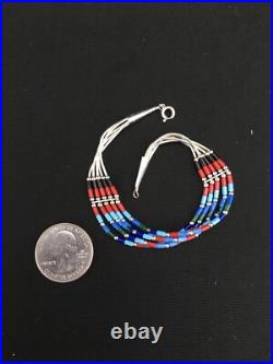 Turquoise & Coral Navajo Liquid Sterling Silver 5 Strands Bracelet 7 13608