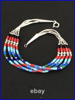 Turquoise & Coral Navajo Liquid Sterling Silver 5 Strands Bracelet 7 13608