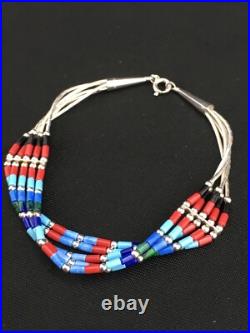 Turquoise & Coral Navajo Liquid Sterling Silver 5 Strands Bracelet 7 13608