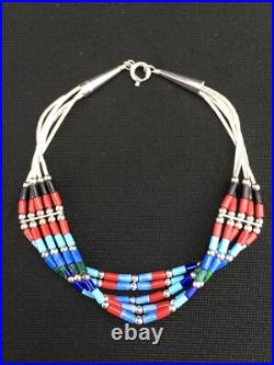 Turquoise & Coral Navajo Liquid Sterling Silver 5 Strands Bracelet 7 13608