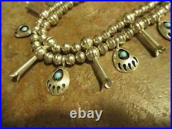 UNUSUAL Vintage Navajo Sterling Turquoise Bear Paw SQUASH BLOSSOM Necklace