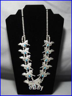 Unique Vintage Navajo Horse Turquoise Sterling Silver Squash Blossom Necklace