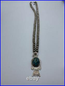 VINTAGE 1960s NAVAJO THUNDERBIRD INLAID TURQUOISE SILVER BEADED NECKLACE