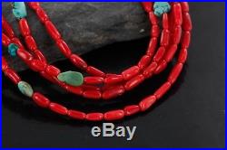 VINTAGE $500Tag 5 Strand Navajo Silver Turquoise Coral Native American Necklace