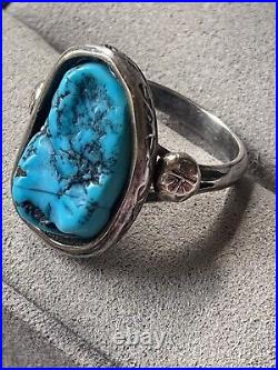 VINTAGE Large Native American Sterling Silver Blue Turquoise Ring Size 10