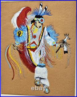 VINTAGE NATIVE AMERICAN HANDMADE WALL ART CREWEL EMBROIDERY Fetish Dancer No. 1